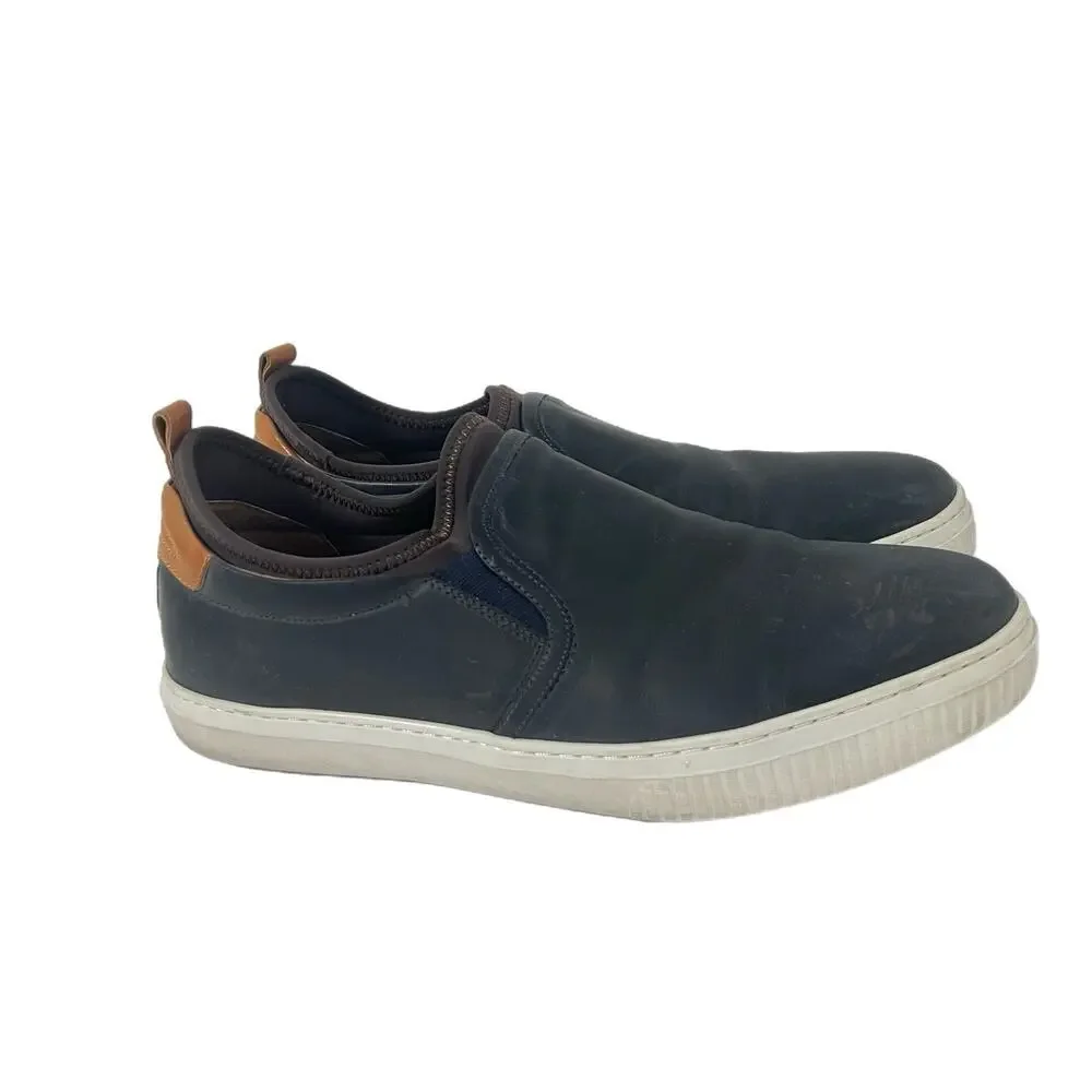 J&M 1850 Leather Slip On Sneakers Men’s SIZE 10.5 Navy With Brown Trim Comfort